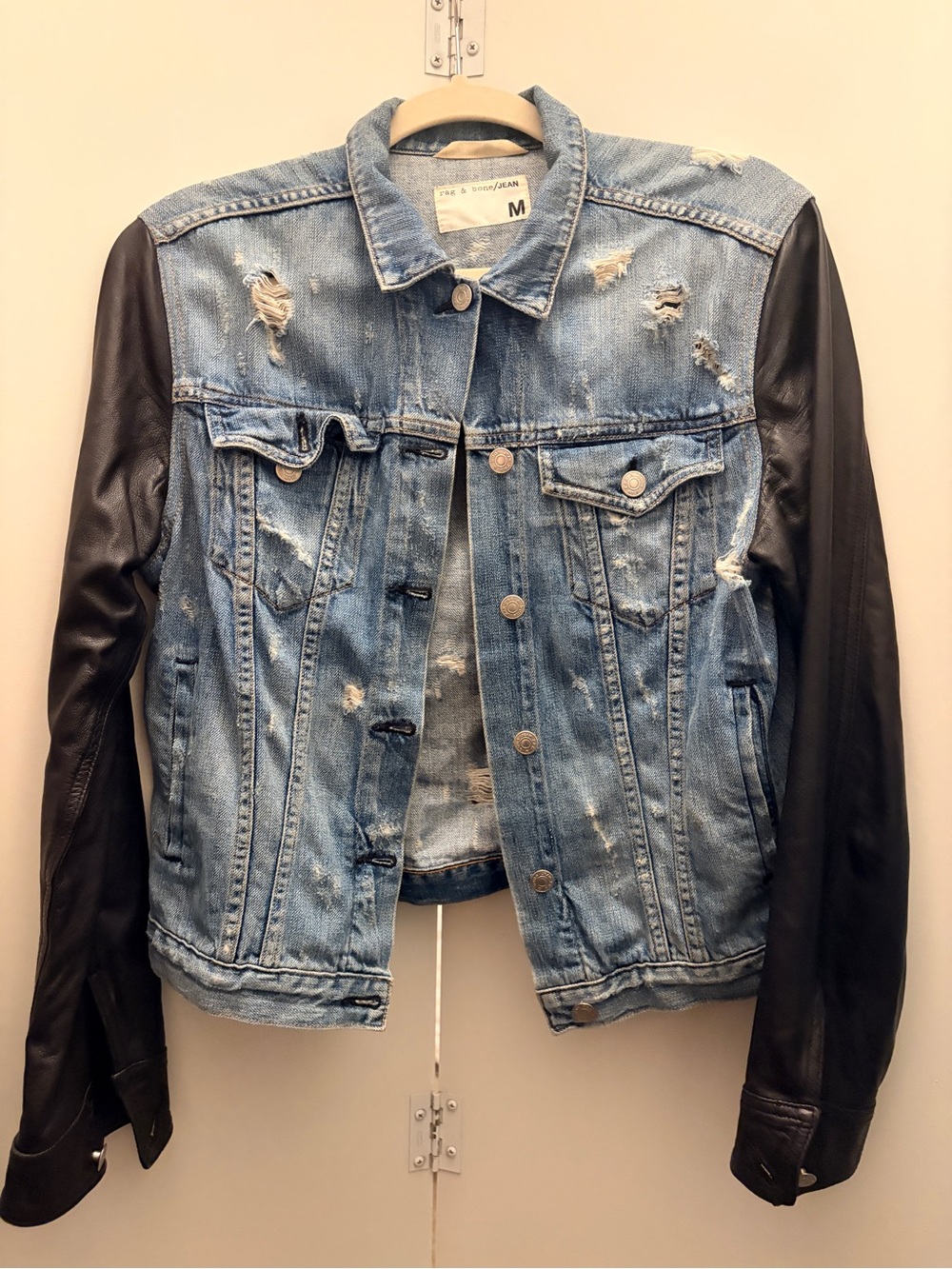 rag & bone Distressed Denim Jacket with Black Lamb Leather Sleeves